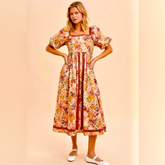 NWT In Loom Boho Floral Midi square neck Cotton Dress multicolor - Picture 1 of 10